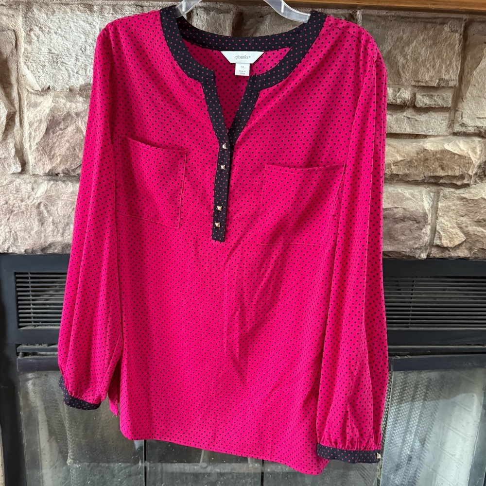 CJ Banks Pink & Black Polka Dot Long Sleeve Blouse